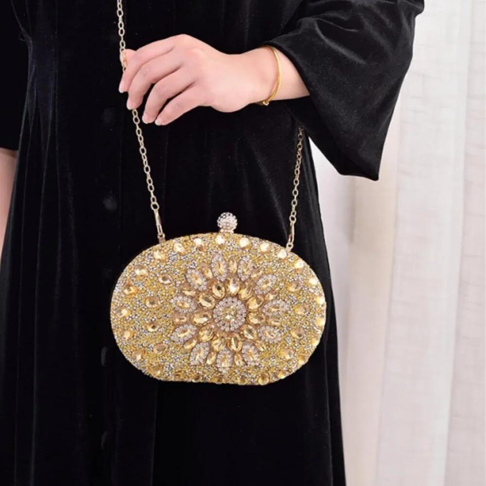 Rhinestone Evening Clutch Purse Gold Sparkling Glitter Wrist Bag with Detachable